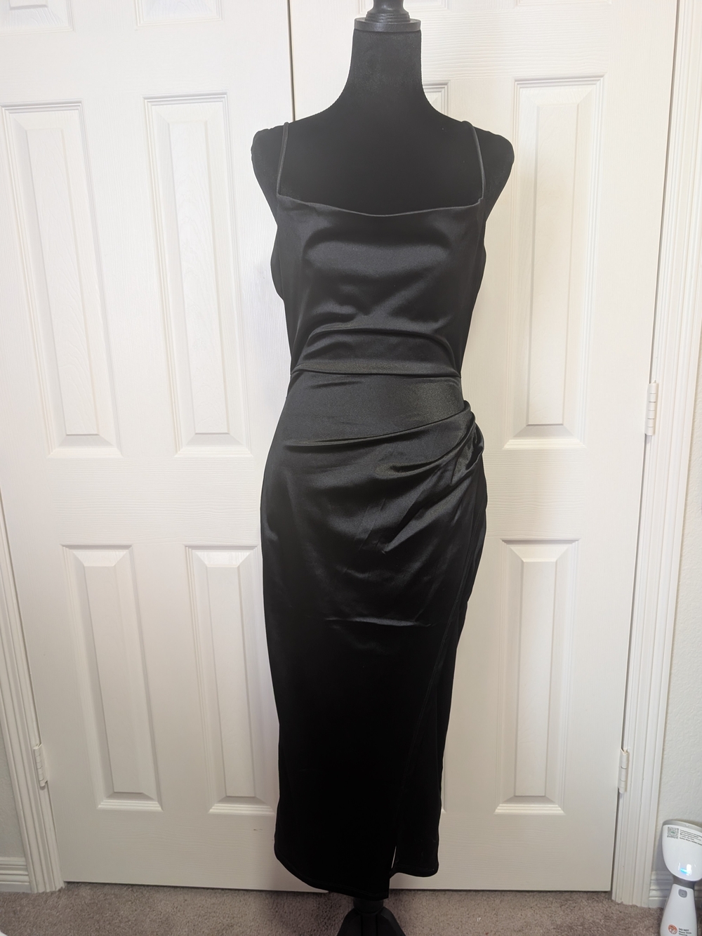 Windsor Black Satin Slip Midi Dress with Side Drape